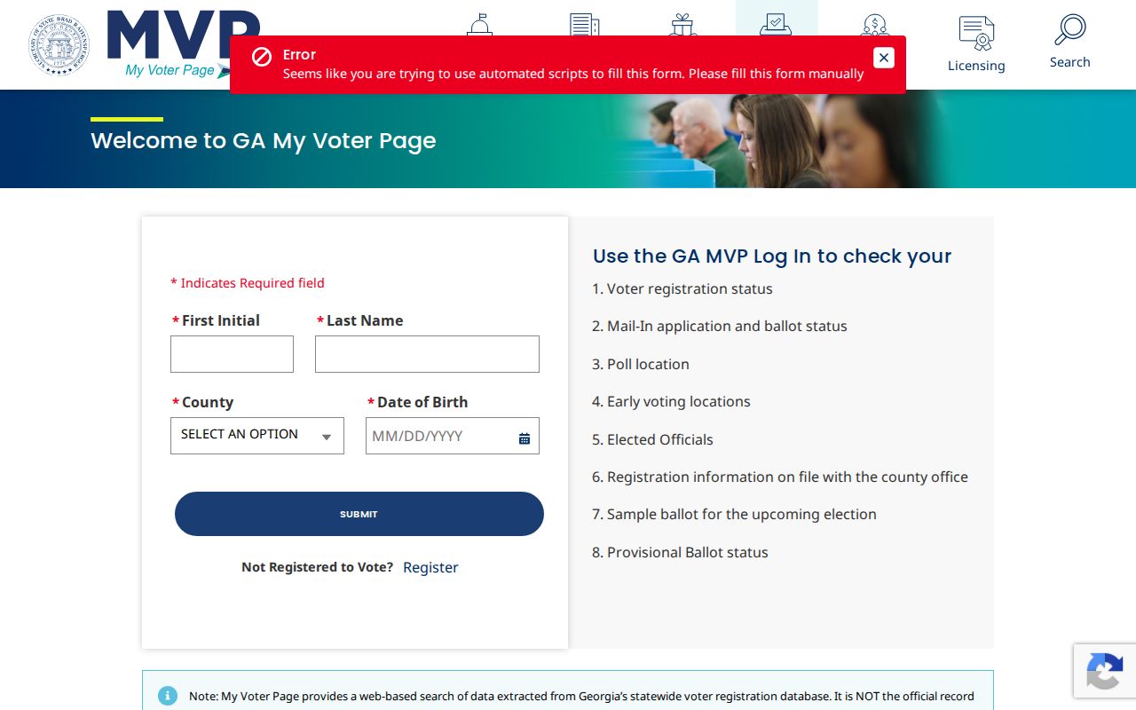 Georgia My Voter Page identity fields used for an Albany voter lookup